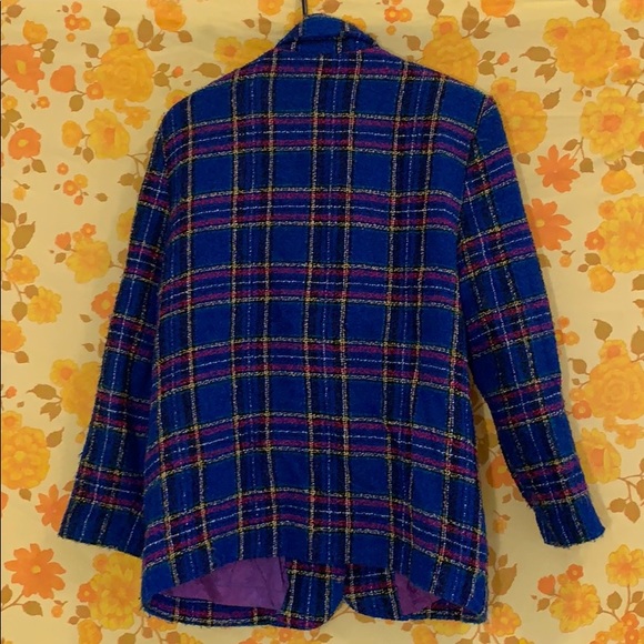 Vintage 90s Blue Purple Plaid Funky Blazer - Picture 2 of 8